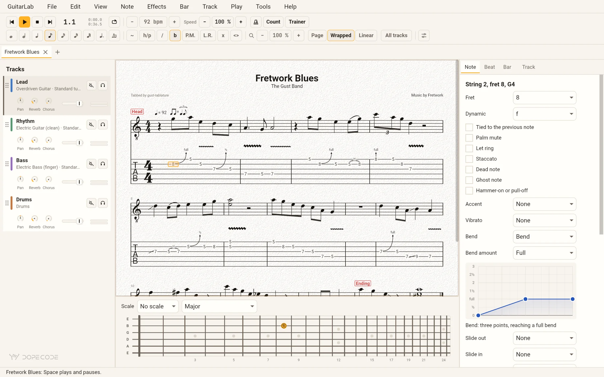 GuitarLab with a four-track blues open: the Lead, Rhythm, Bass and Drums tracks on the left, notation over tab in the middle with the caret on a fret 8 bent a full tone, the inspector on the right drawing that bend as a curve, and the fretboard below with the note lit.
