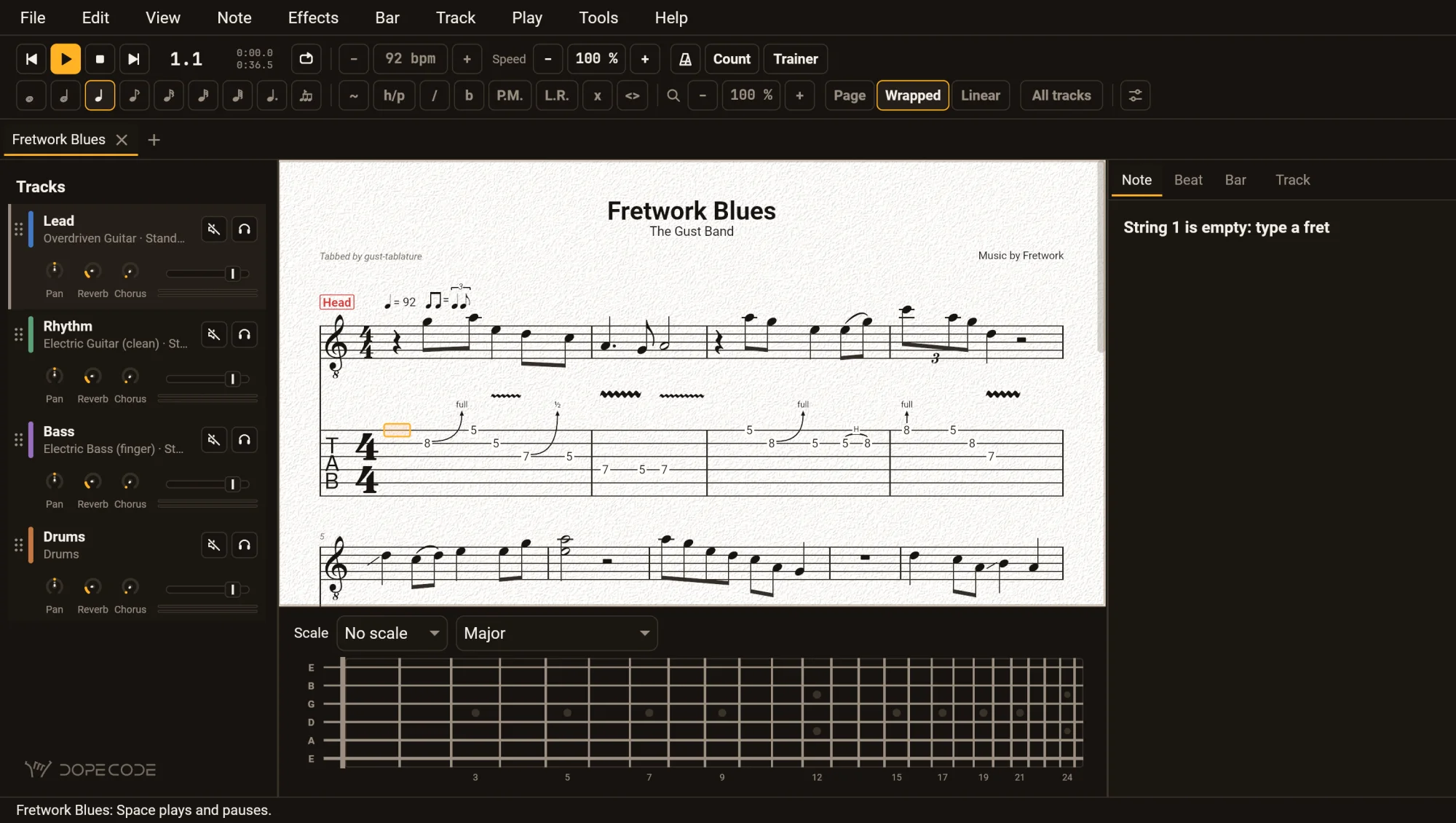 GuitarLab in Chrome in the dark theme with the blues open: the menus File to Help in the page, the toolbar, the four tracks, the score on its light page and the fretboard.