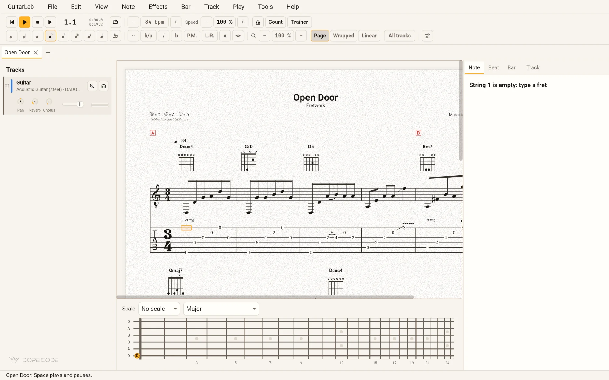 GuitarLab in Page view with Open Door, a DADGAD piece in 3/4: the title, the tuning, chord diagrams for Dsus4, G/D and D5 over notation and tab, a let-ring line, and rehearsal marks A and B.