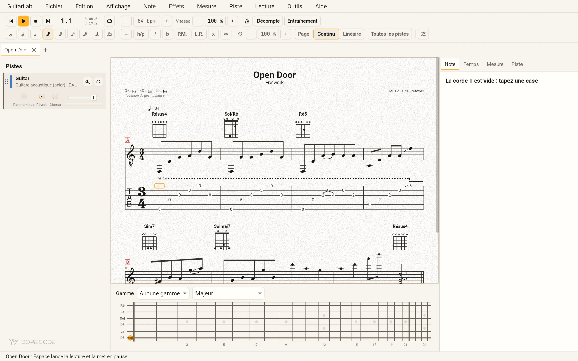 GuitarLab in French with Open Door: the menus Fichier, Édition, Affichage; chord names Résus4, Sol/Ré and Ré5 over the diagrams; the tuning ⑥ = Ré, ② = La, ① = Ré; and the fretboard's strings named Ré La Sol Ré La Ré.